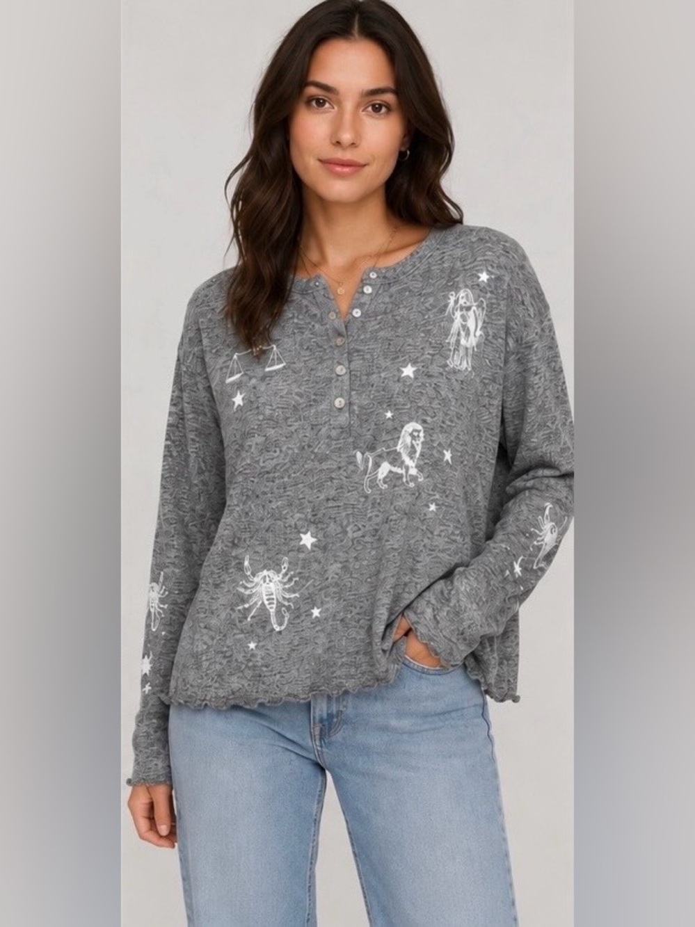 Spirit Jersey Zodiac Astrology Henley Top Gray Constellation Lettuce Hem NWT M